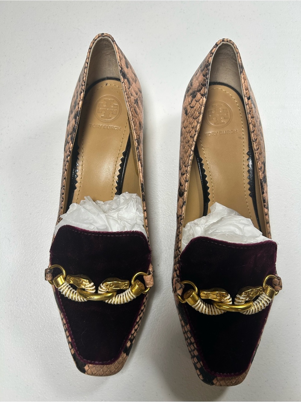 Tory Burch Burgundy Velvet & Snakeskin-Trim Loafers with Gold Hardware
